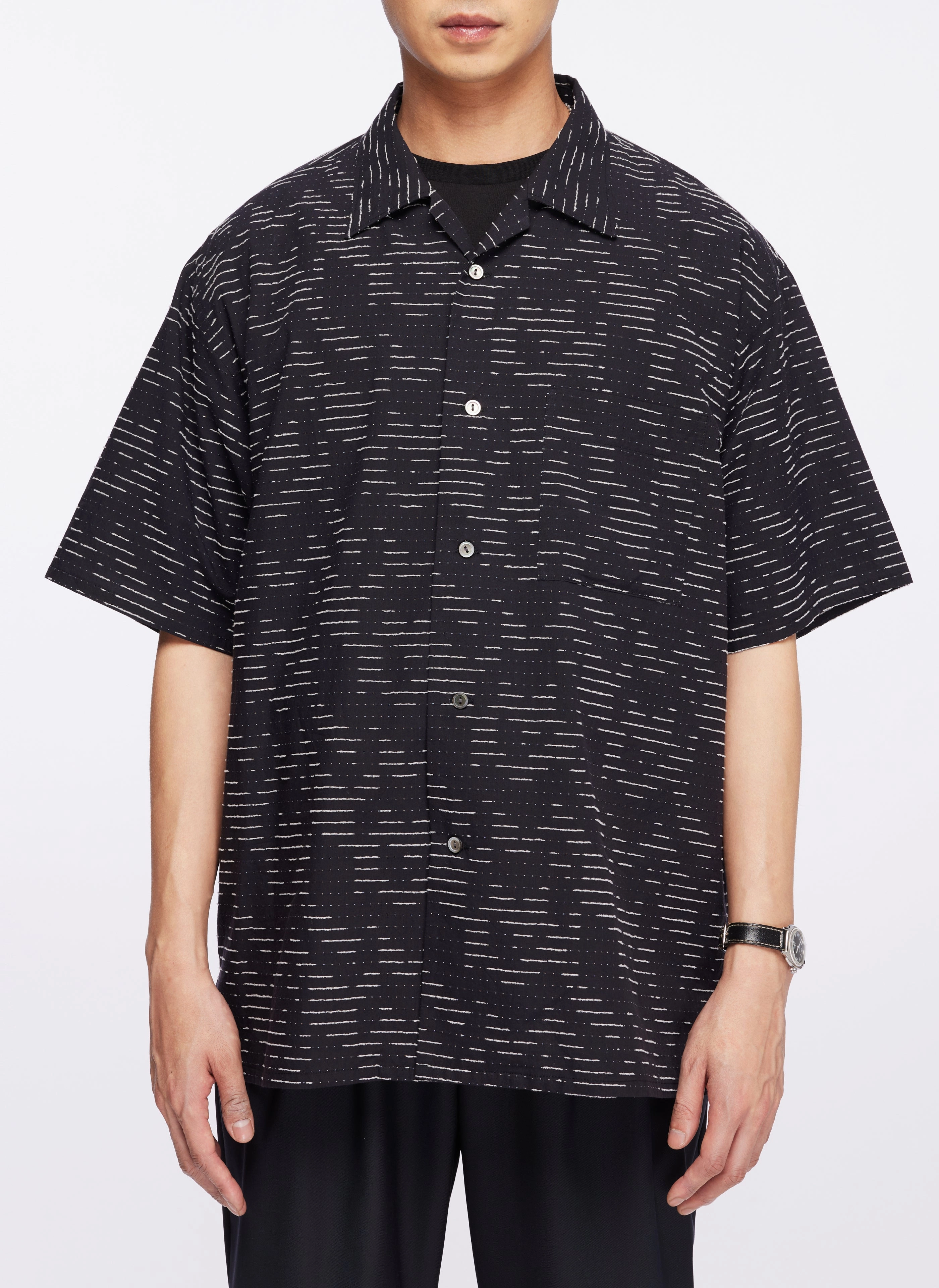 Albini Cotton Jacquard Short Sleeve Open Collar Shirt