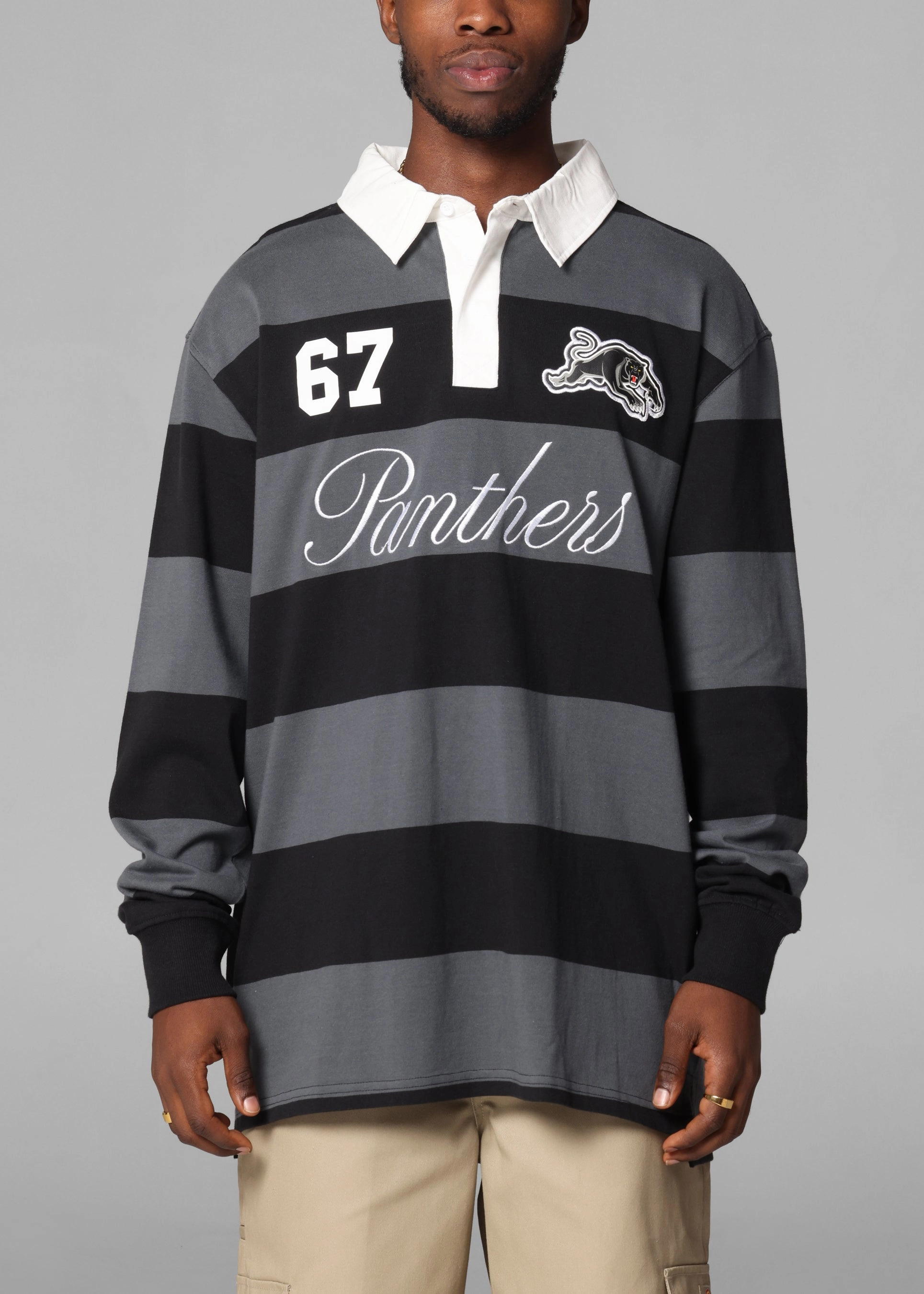 Bleacher Athletic Penrith Panthers NRL Stripe Rugby Polo Shirt Official Team Colour