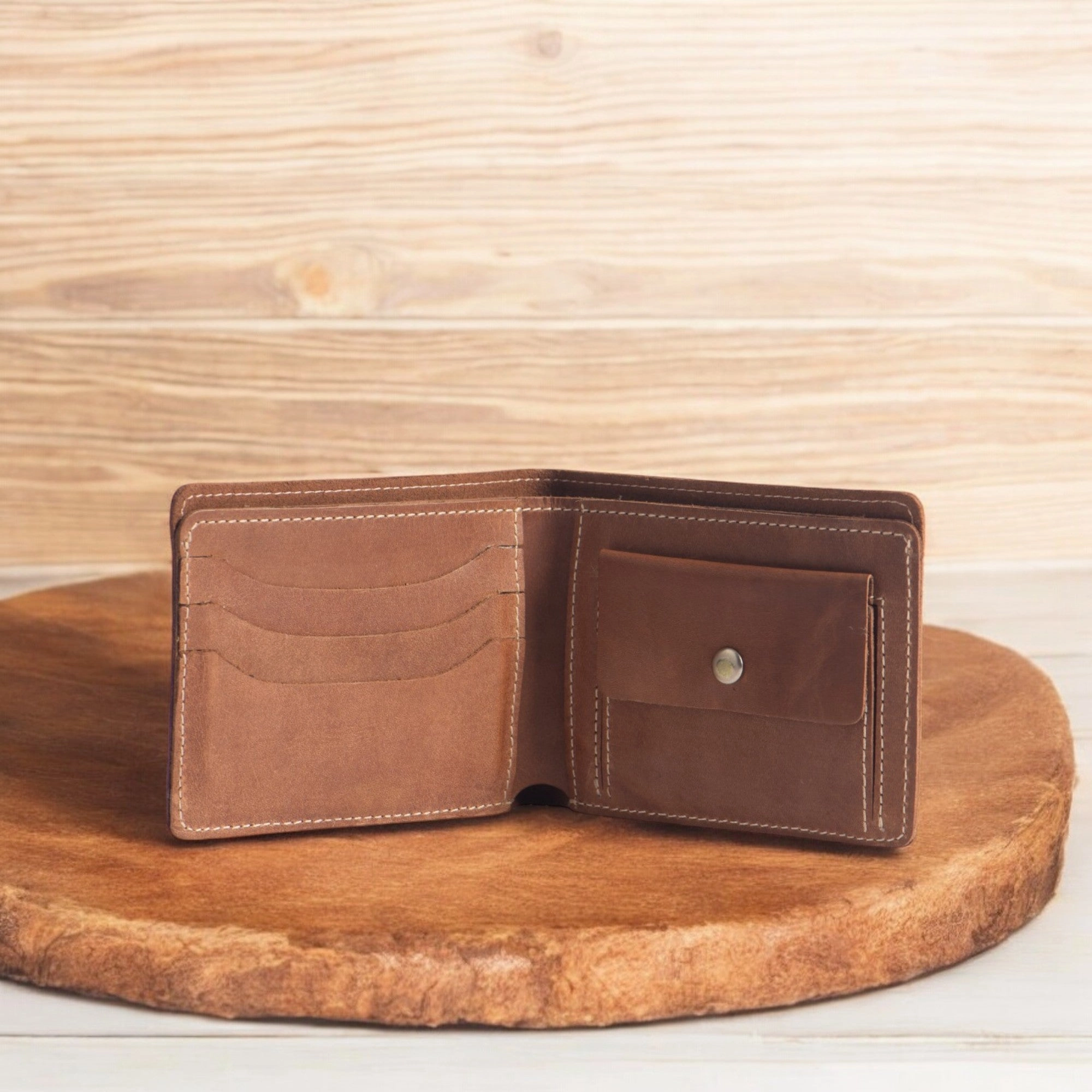 Cognac Full Grain Leather Wallet with Coin Pouch