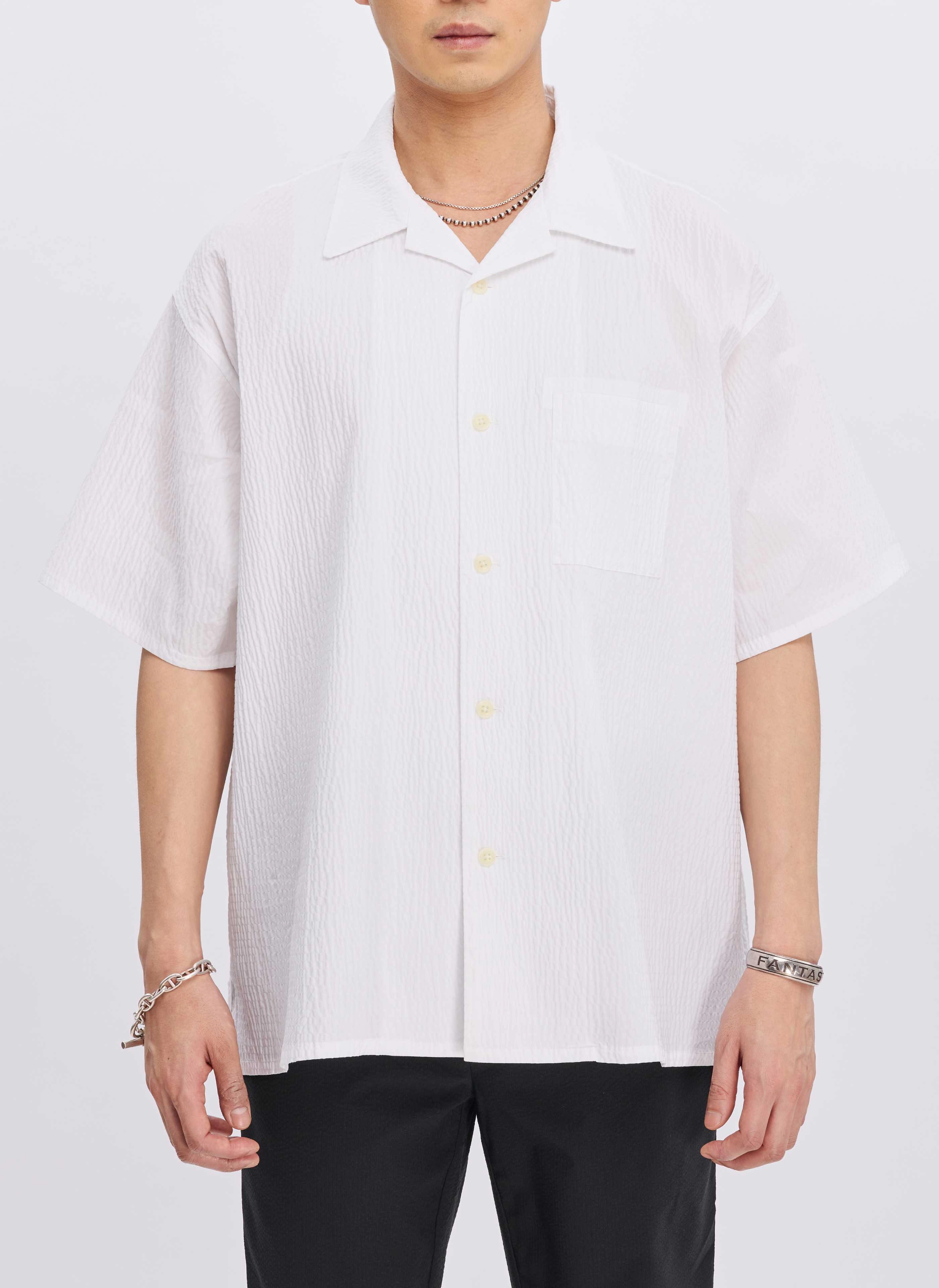Cotton Nylon Seersucker Open Collar Shirt