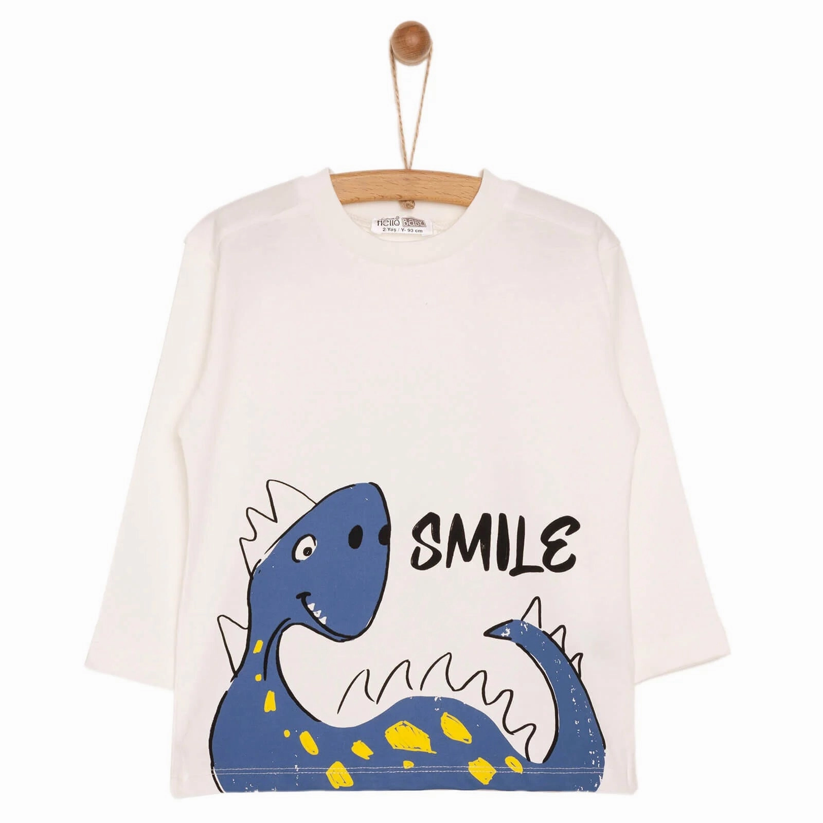 HelloBaby Baby Boy Smiley Dino Patterned Long Sleeve Tshirt - Ecru