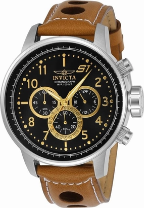Invicta Men's Chronograph Watch - S1 Rally Black Dial Light Brown Leather Strap