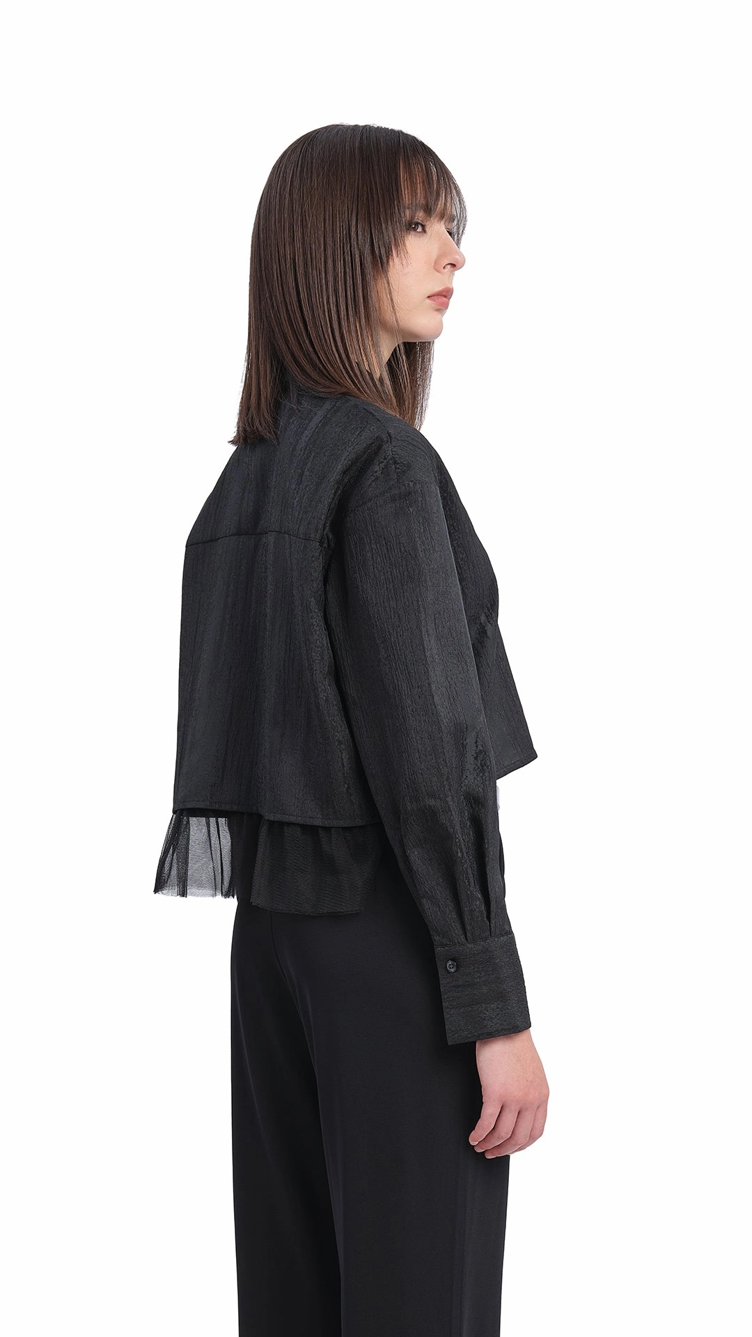 Mesh Trimmed Crop Shirt
