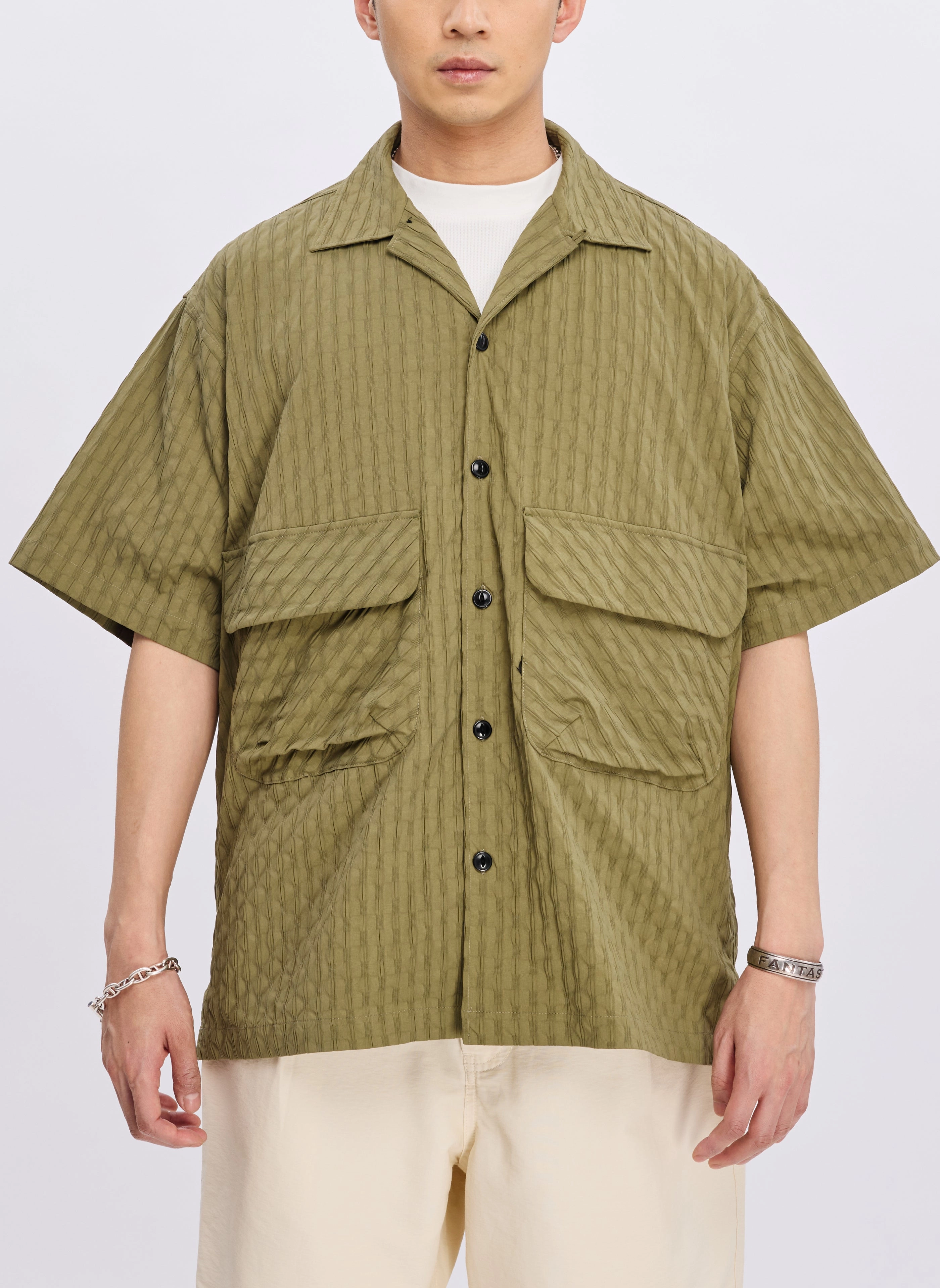 Nylon Spandex Jacquard Open Collar Shirt