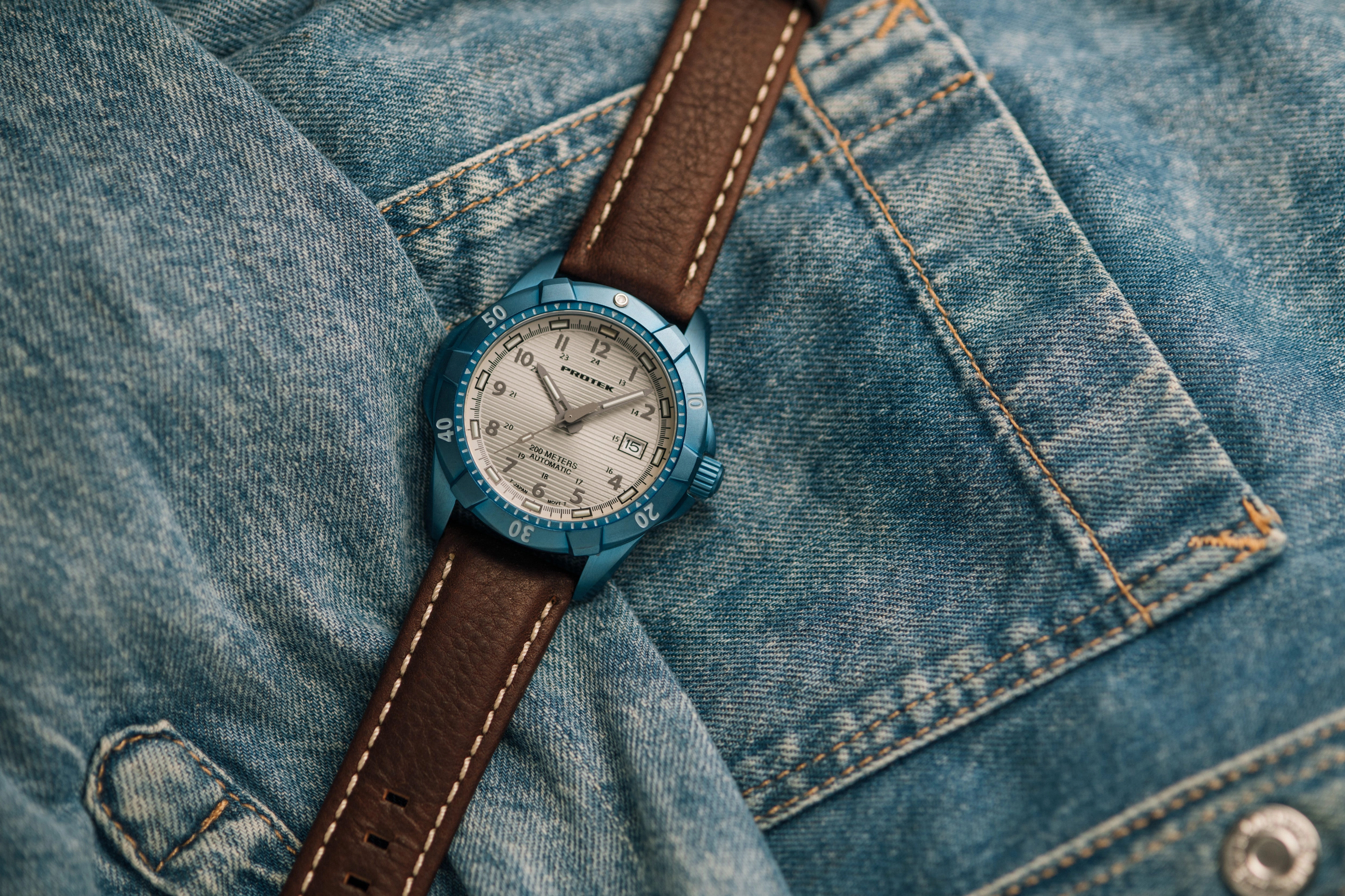 ProTek Men's Watch - Dive Automatic Cream Dial Blue Case Brown Leather Strap | 2213