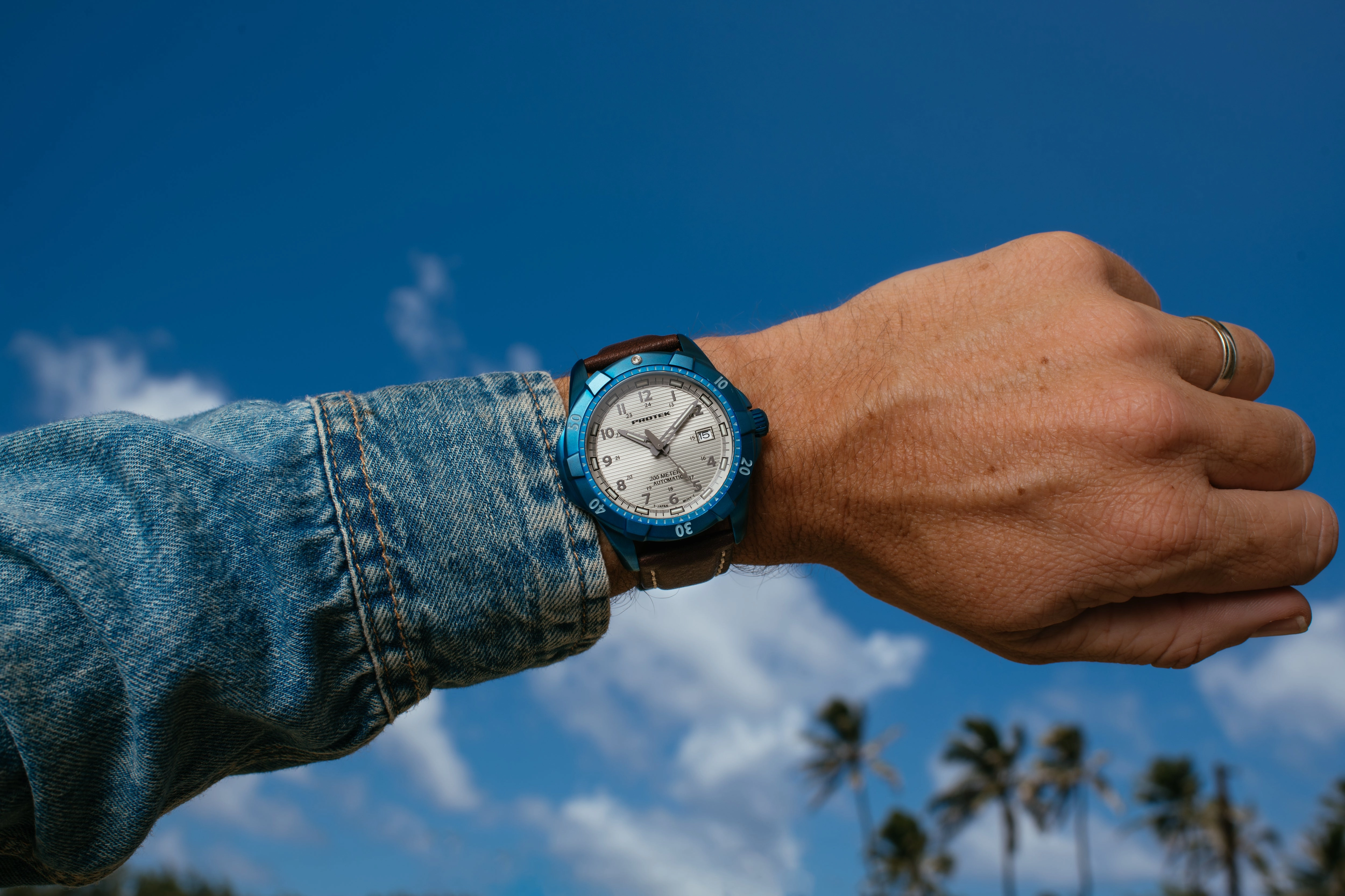 ProTek Men's Watch - Dive Automatic Cream Dial Blue Case Brown Leather Strap | 2213