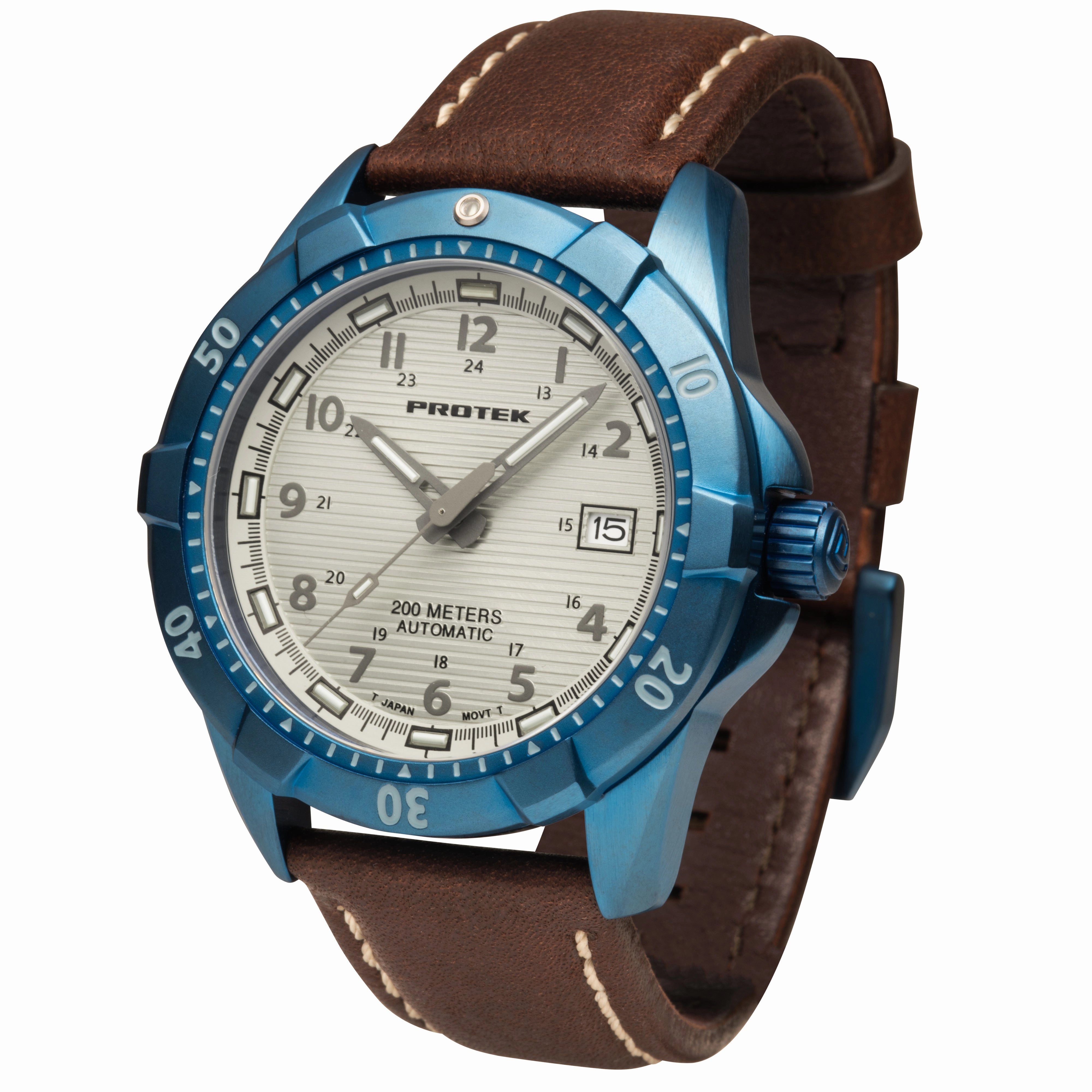 ProTek Men's Watch - Dive Automatic Cream Dial Blue Case Brown Leather Strap | 2213