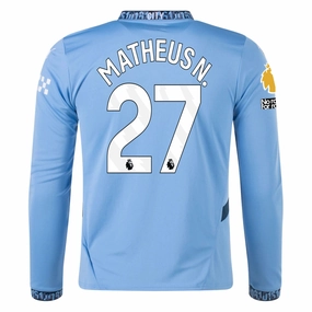 Puma Manchester City Matheus Nunes Home Long Sleeve Jersey w/ EPL   No Room For Racism Patch 24/25 (Team Light/Marine Blue)
