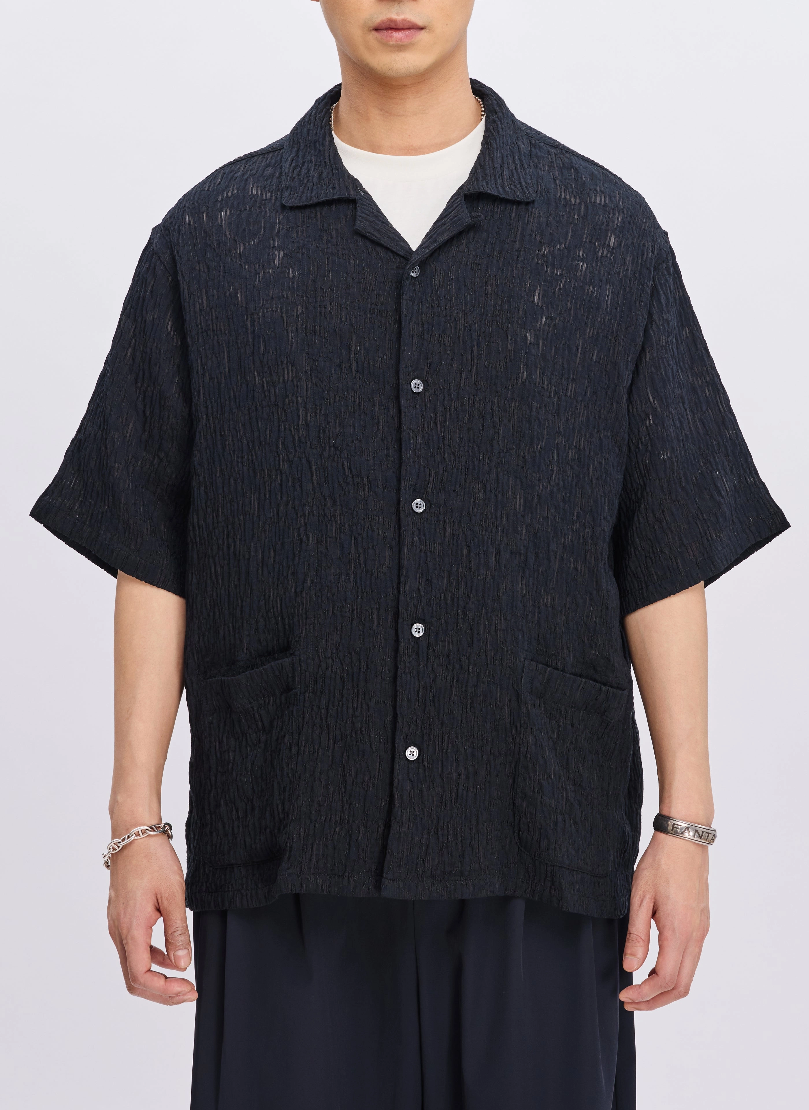 Rayon Nylon Distort Lace Open Collar Shirt