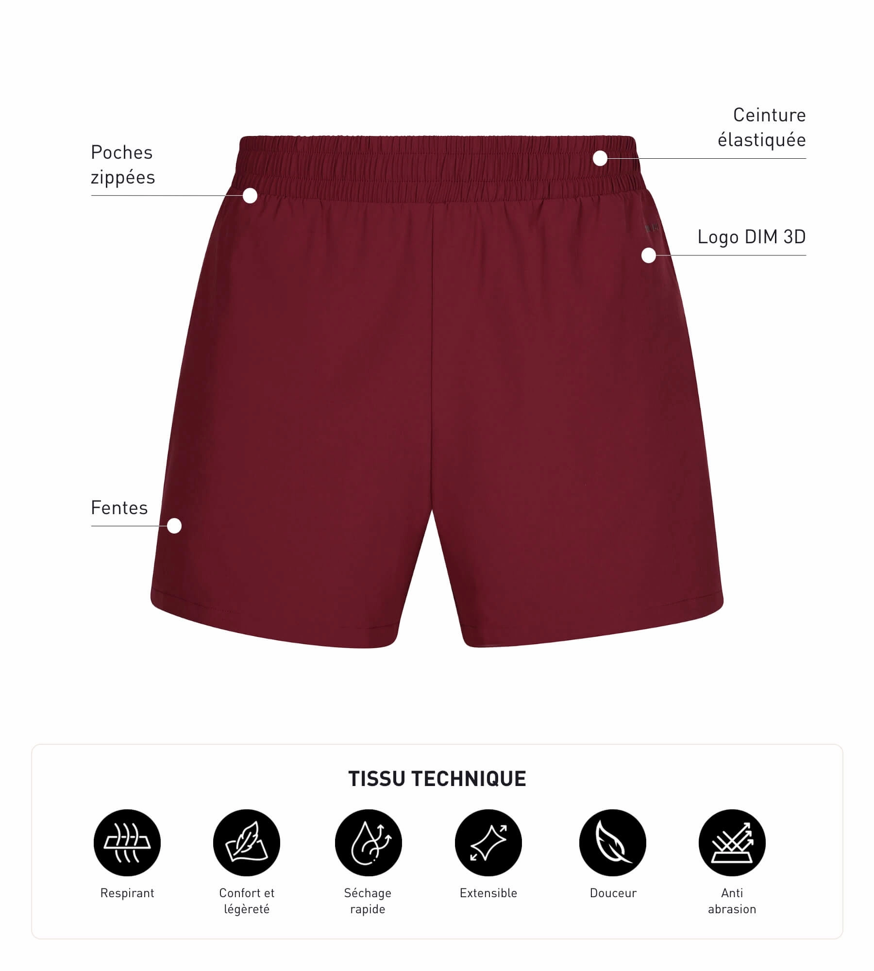 Short de sport homme en matière aérée Bordeaux Dim Move
